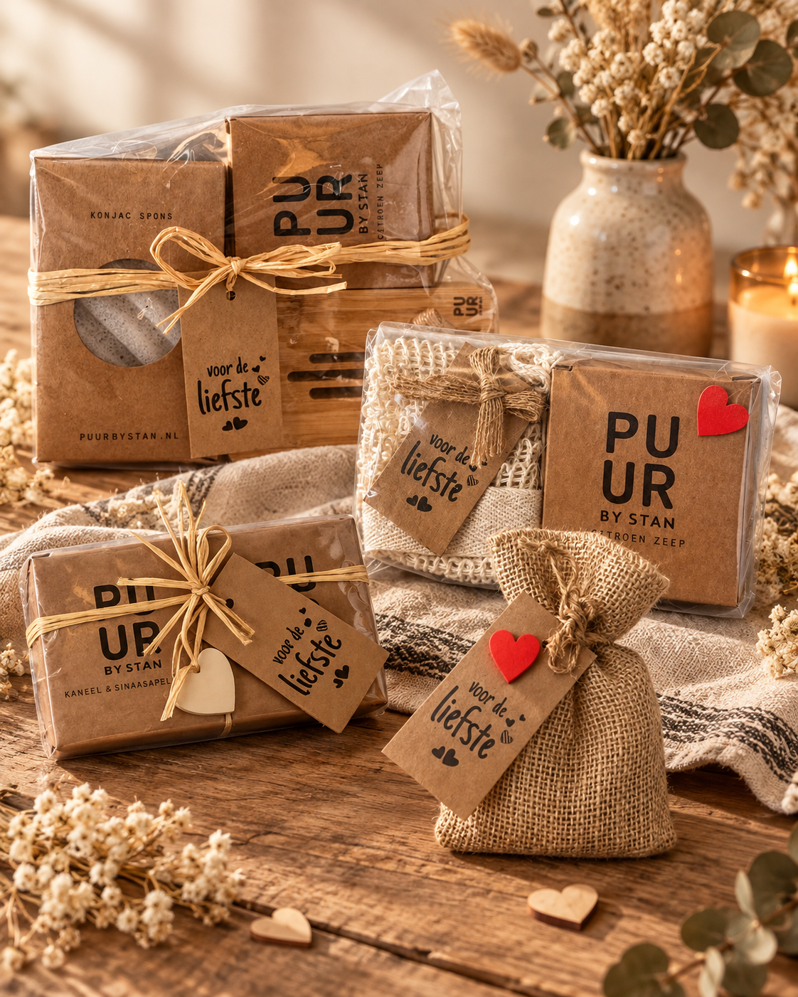 vier sets houten tafel kaars staand