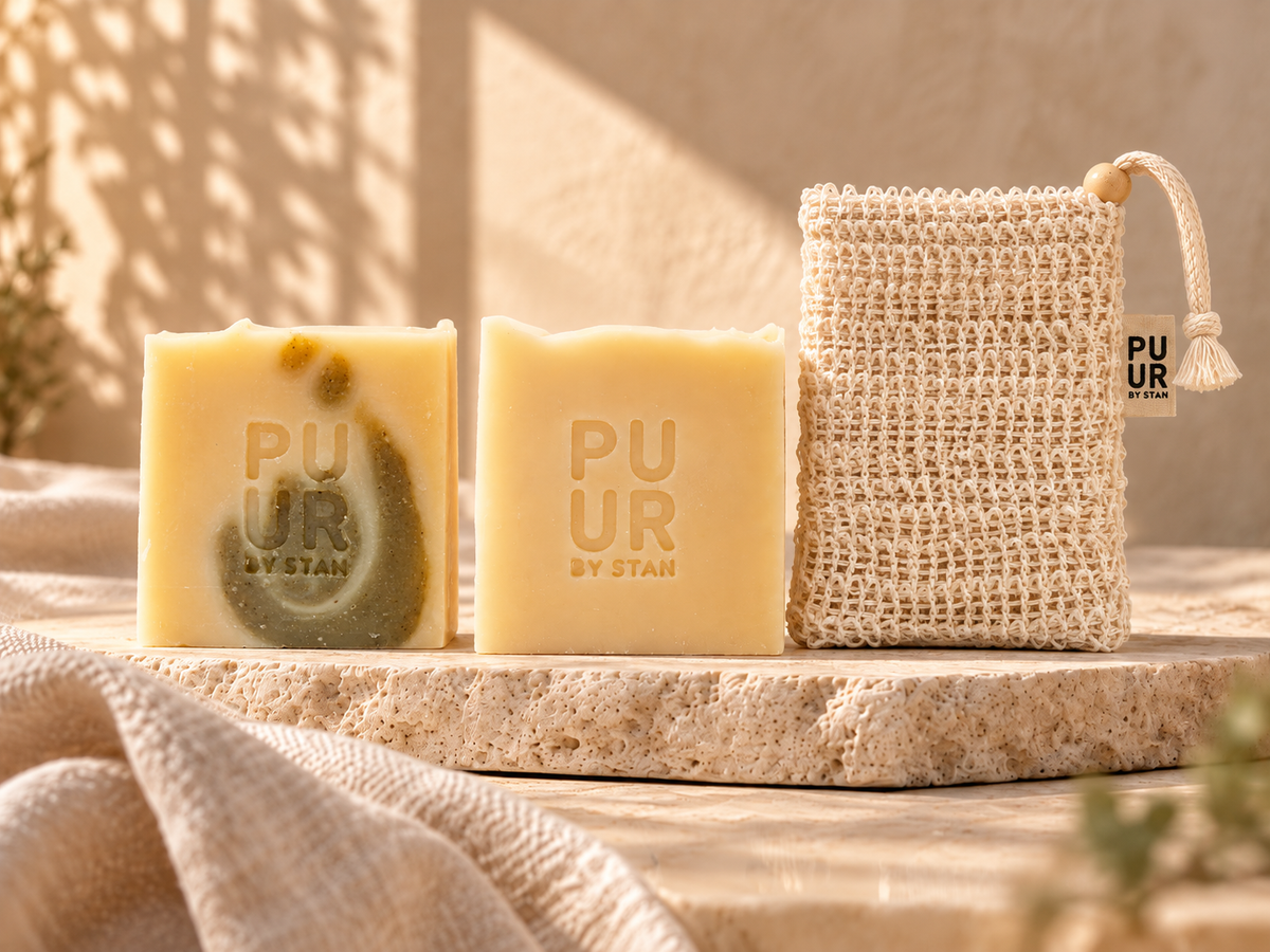 Puurbystan Starters voordeelbundel: Aloë Vera Body Bar, Shampoo Bar en sisal zakje